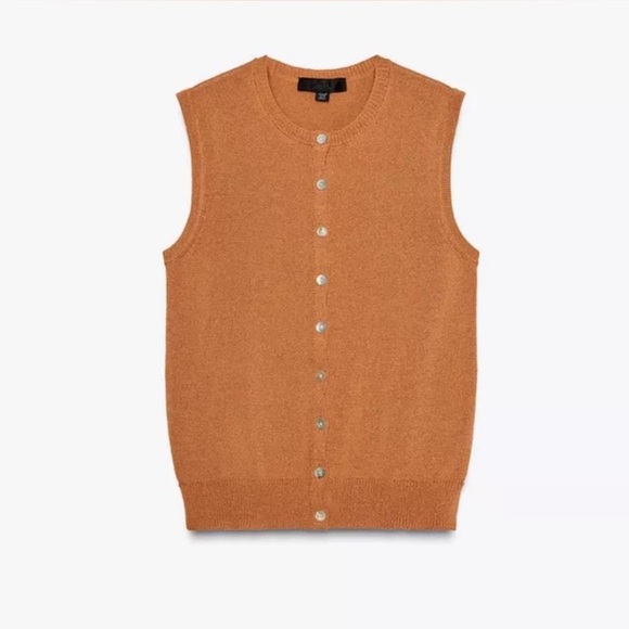 Zara Textured Knit Top Button Down Vest size Small in Dark Camel - Picture 2 of 8